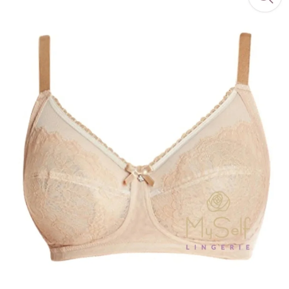 Wacoal Women's Retro Chic Wirefree Bra Size 40D Nude Tan Lace Style 852186 NEW